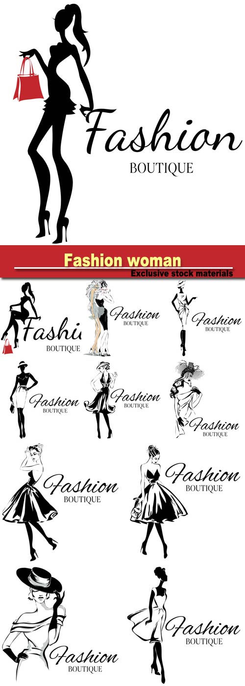 Fashion boutique logo with black and white woman silhouette, hand drawn vector illustration