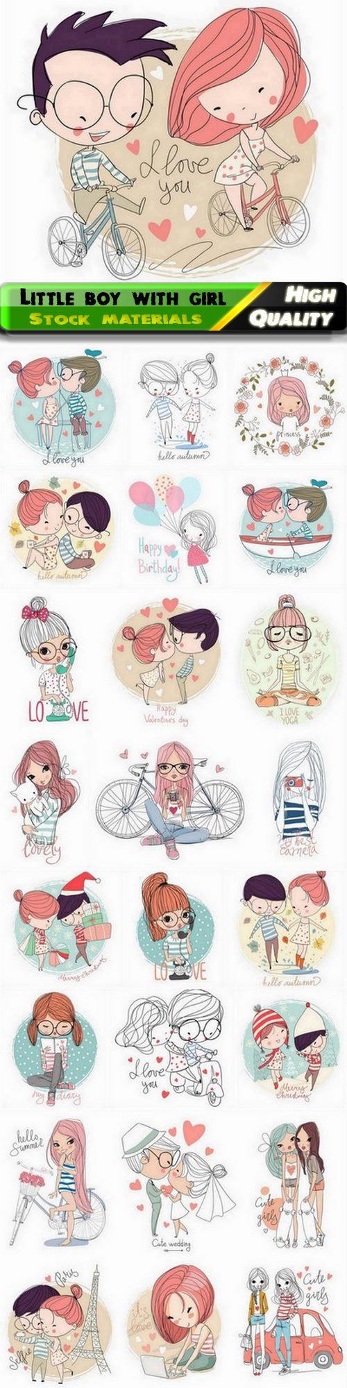 Sketches of cute little boy with girl and romantic couple - 25 Eps