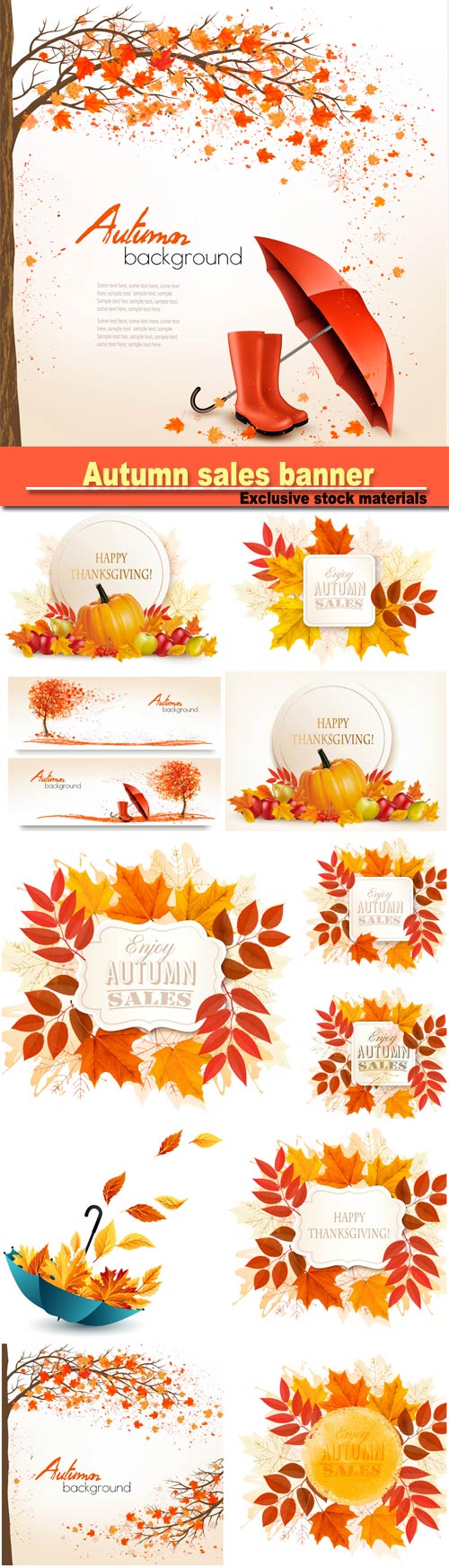 Autumn sales banner with colorful leaves, happy Thanksgiving background