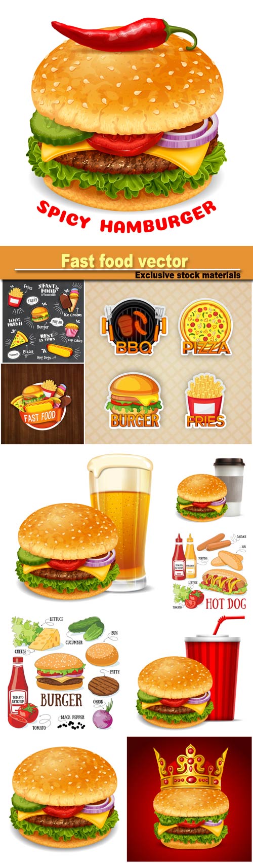 Burger and its ingredients, fast food vector illustration