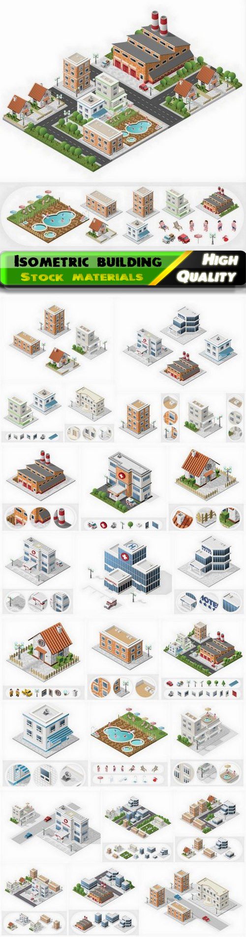 Isometric building and factory and skyscraper and store - 25 Eps
