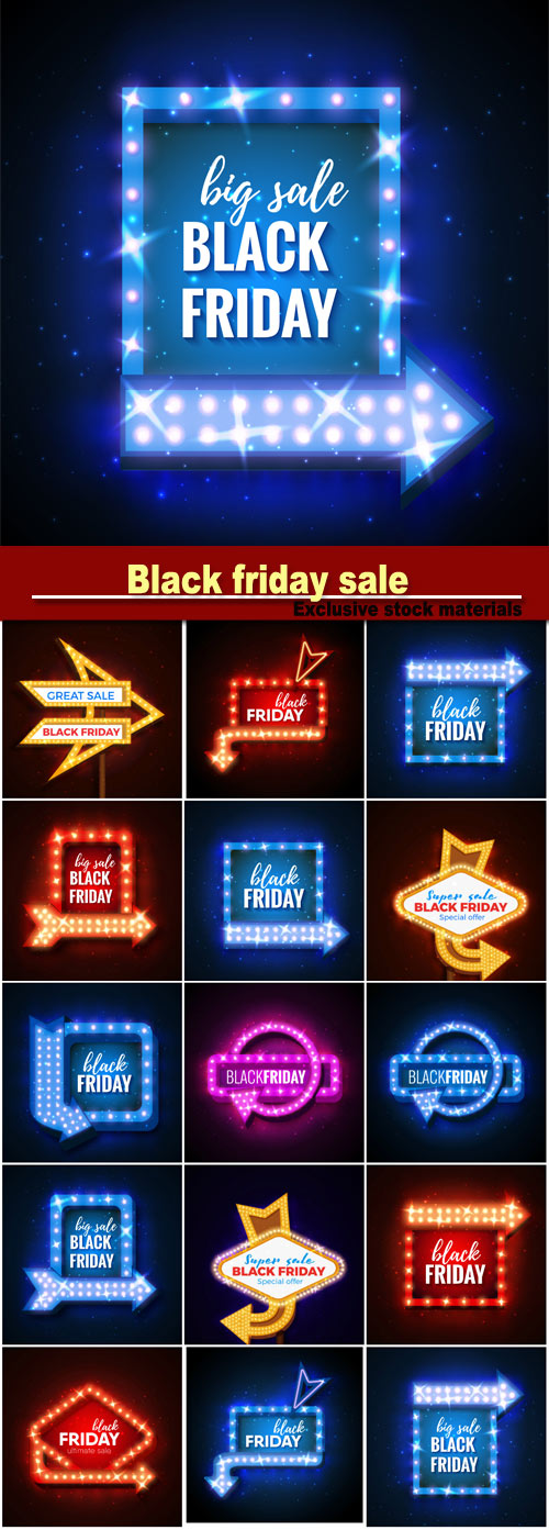 Black friday sale, neon signs vector