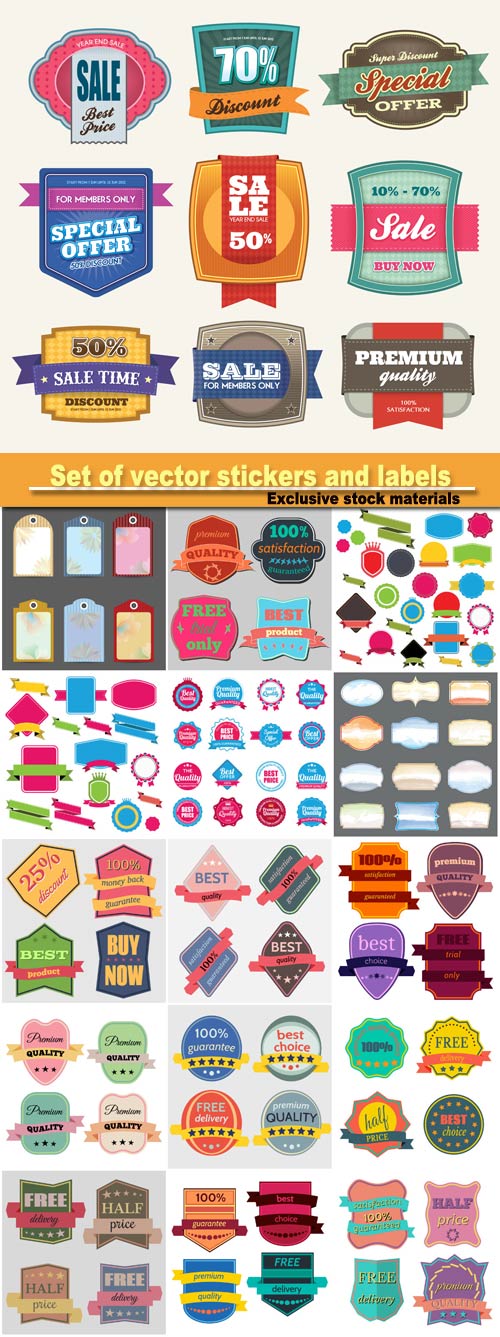 Set of vector badges with ribbons, stickers and labels
