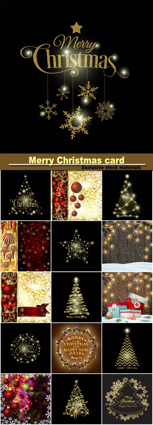 Merry Christmas card, golden Christmas ball, Christmas tree and snowflakes