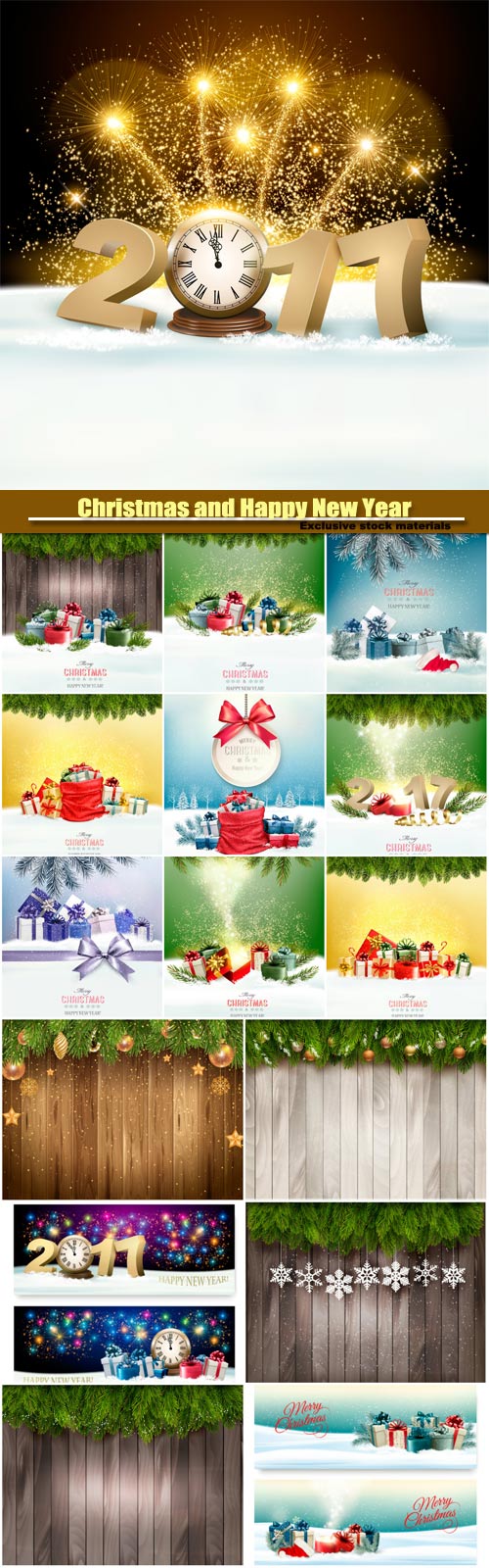 Christmas and Happy New Year background with 2017, presents with a gift card, clock and fireworks