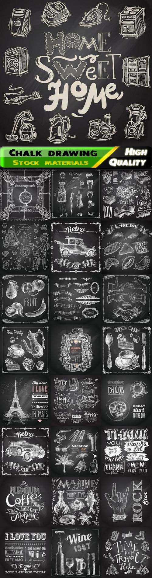 Chalkboard with chalk drawing calligraphy and objects food car 25 Eps