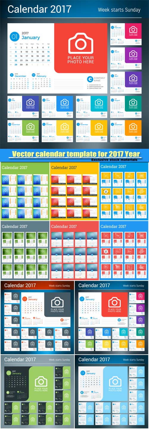 Vector calendar template for 2017 Year, template with place for photo and company Information