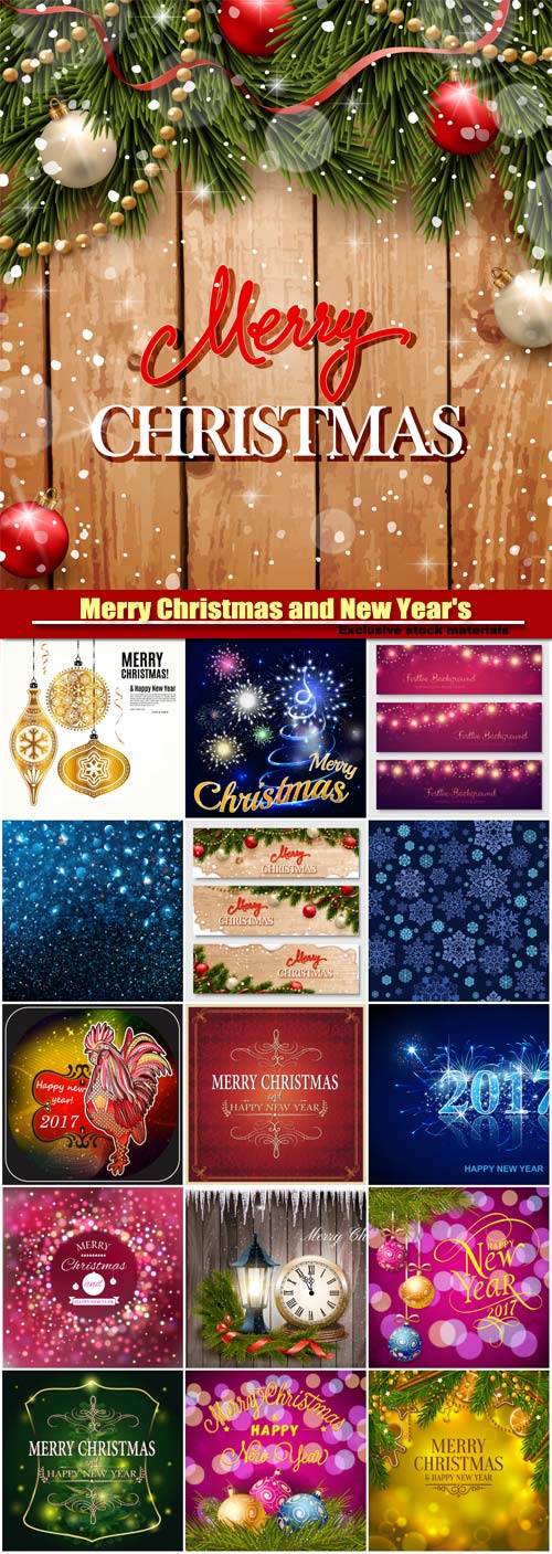 Merry Christmas and New Year's vector background, bokeh lights, rooster symbol of 2017