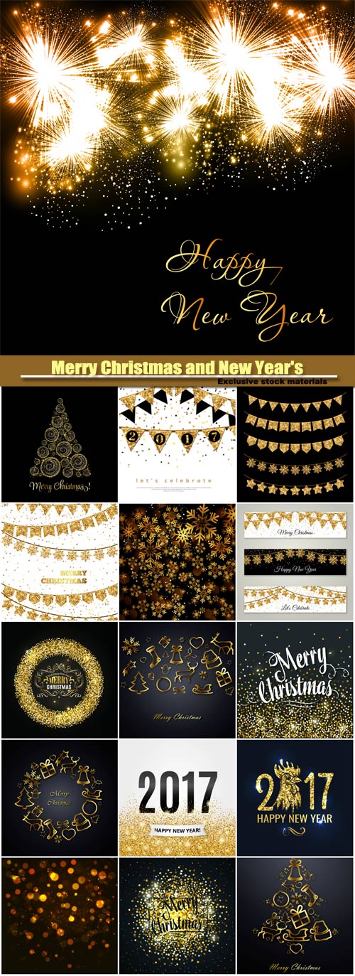 Merry Christmas and New Year's vector background, gold glitter design, snowflake on a dark background