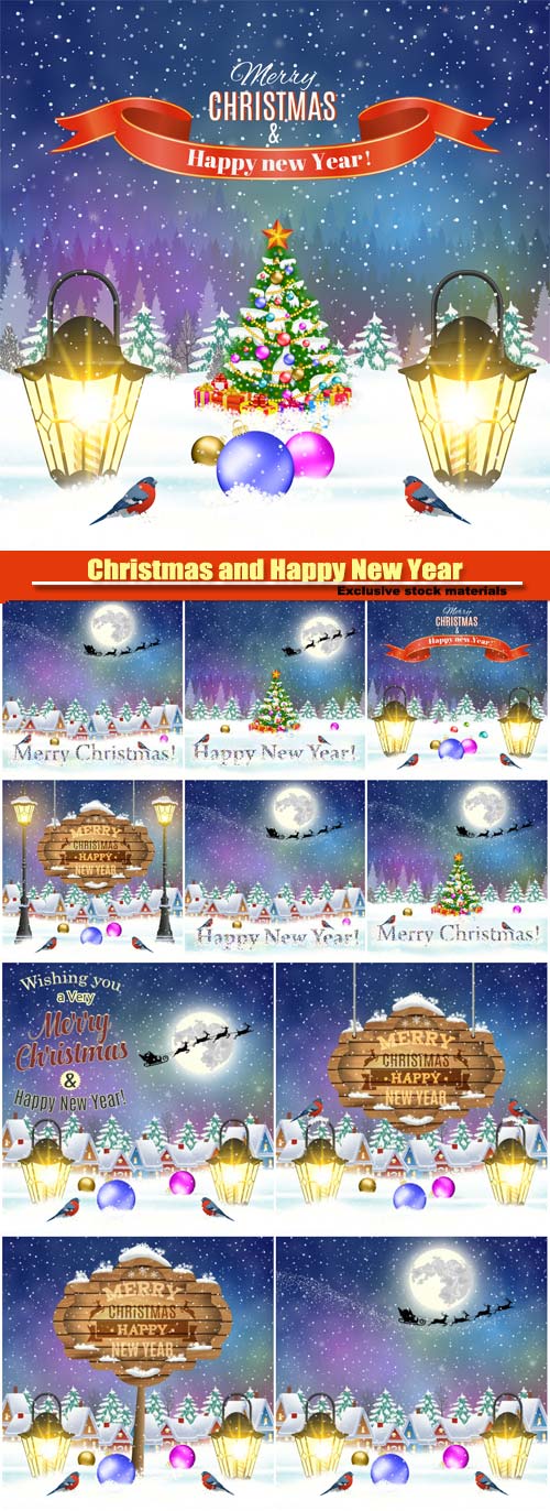 Christmas and Happy New Year vector greeting card, Santa Claus with deers in sky above the city