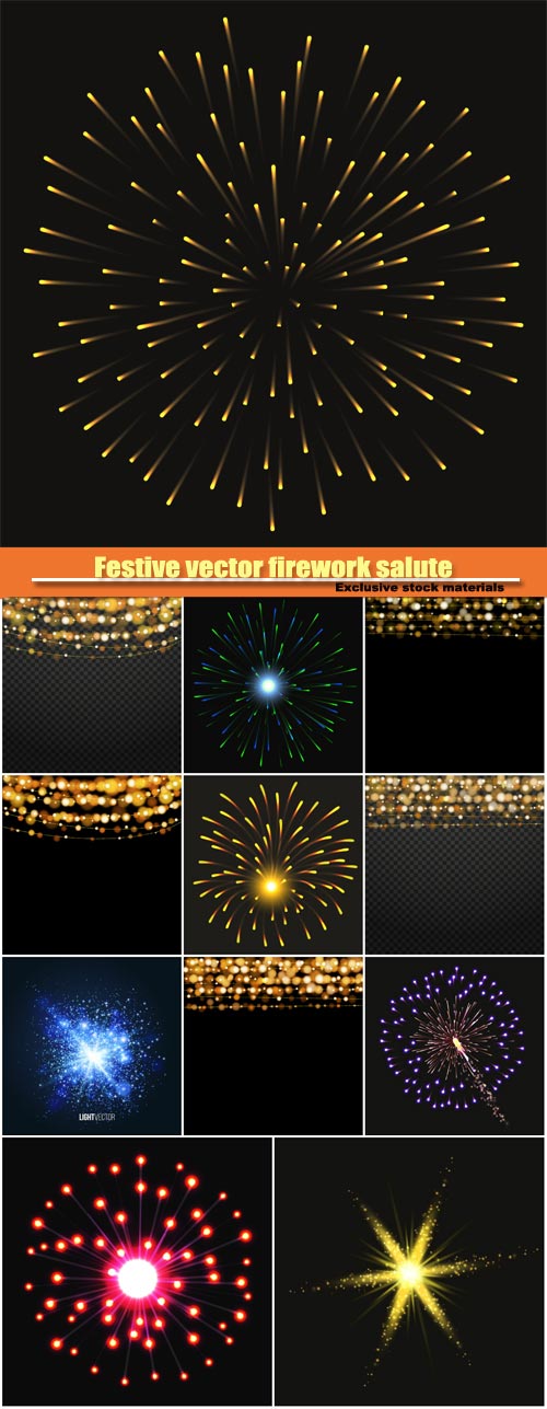 Festive vector firework salute, lights design elements background