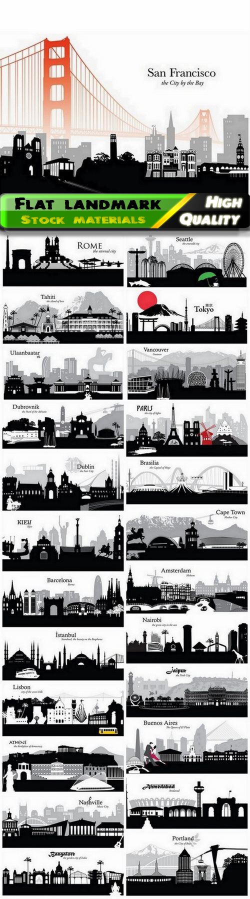 Flat landmark and silhouettes skyline of city buildings of world 25 Eps