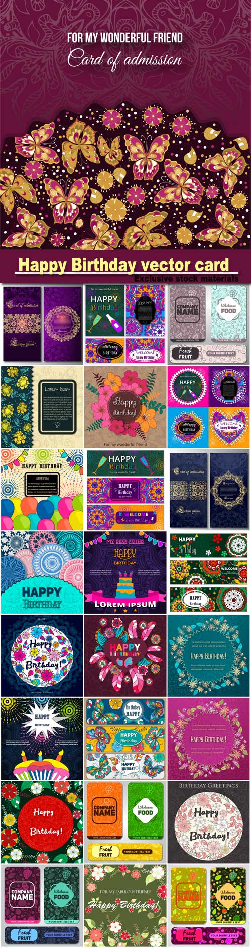 Happy Birthday set vector card, mandala pattern, brochure, gift certificate ...