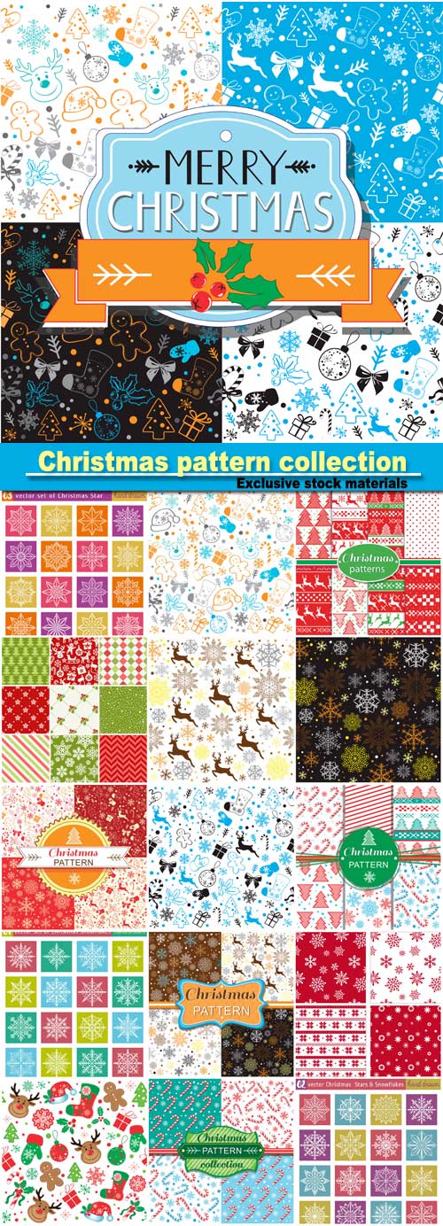Christmas pattern collection, set with snowflakes line stile over color backgrounds, vector illustration