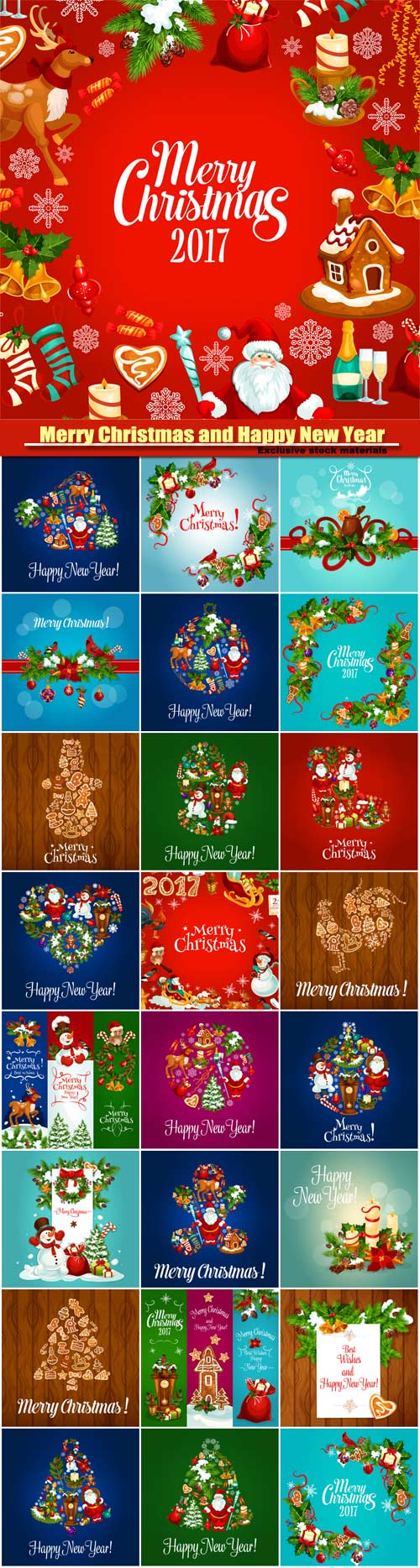 Merry Christmas and Happy New Year vector background, symbols of new year 2 ...