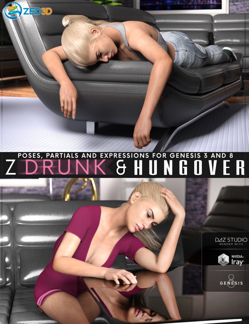 Z Drunk and Hungover - Poses with Partials and Expressions for Genesis 3 and 8